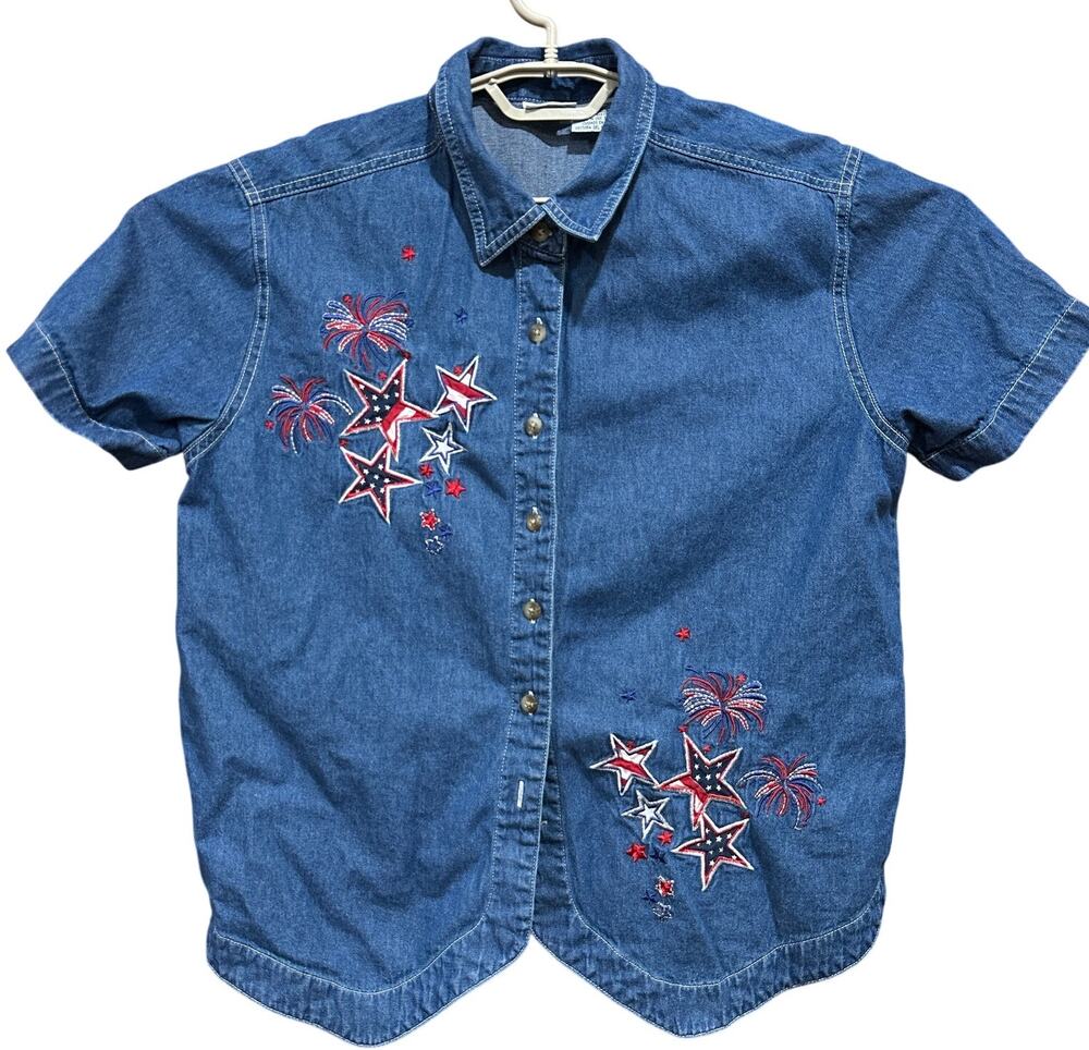 Cabin Creek Shirt Size L Blue 4th of July Button Up Short Sleeve 100 Cotton